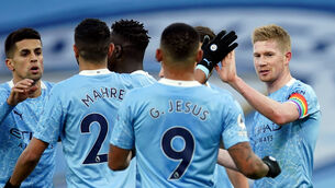 <p>Kevin De Bruyne, right, celebrates his goal. Picutre: Dave Thompson/PA</p>