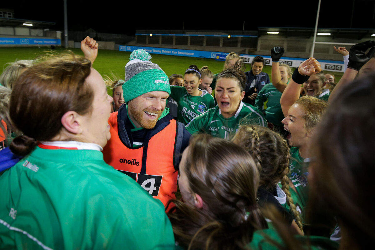 Fermanagh manager Jonny Garrity celebrates with his team after the game. Picture: INPHO