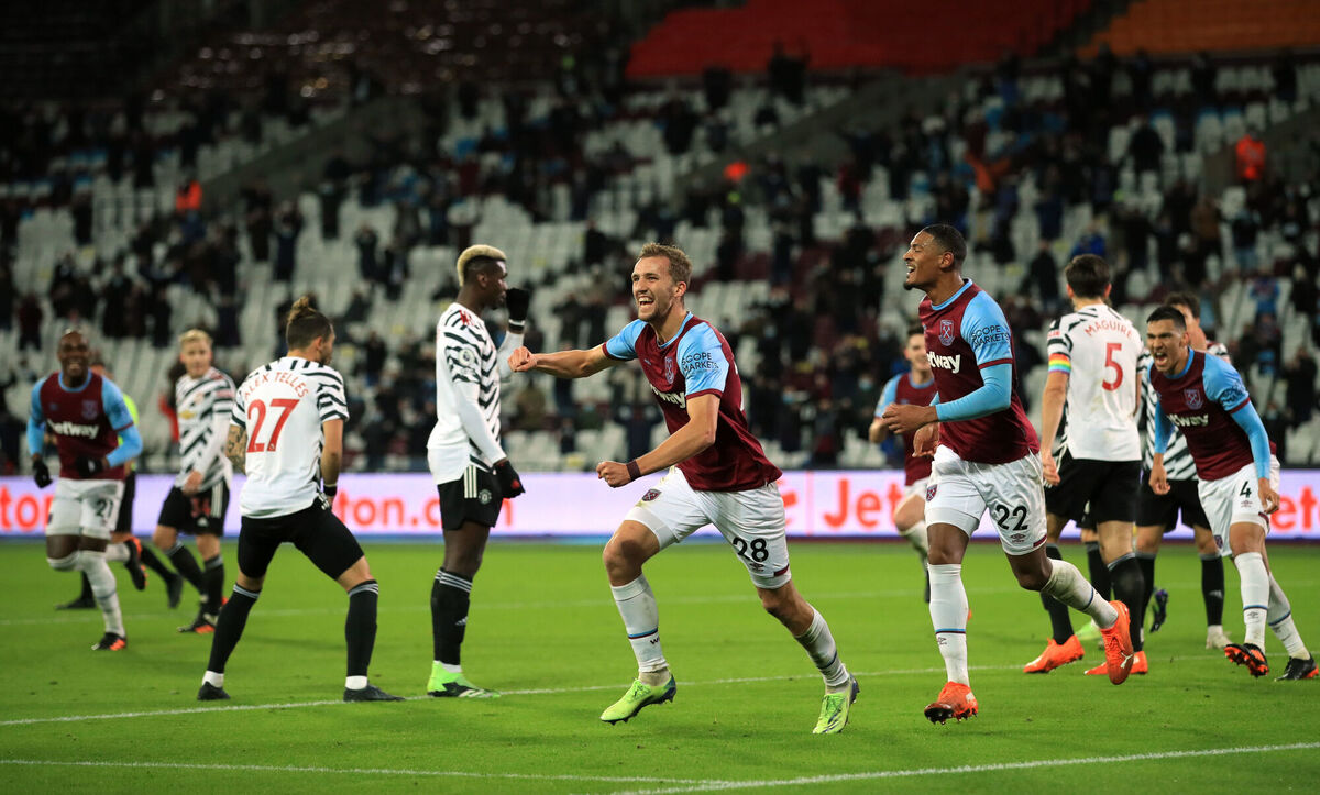 West Ham United's Tomas Soucek celebrates scoring his side's goal with fans in the stands at the London Stadium. Picture: Adam Davy/PA 