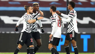 <p>Manchester United's Paul Pogba (second left) celebrates scoring his side's first goal of the game with team-mates during the Premier League match at The London Stadium.</p>