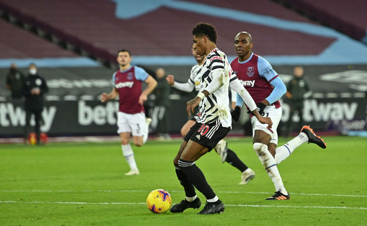 Manchester United's Marcus Rashford scores his side's third goal of the game. Picture: Justin Setterfield