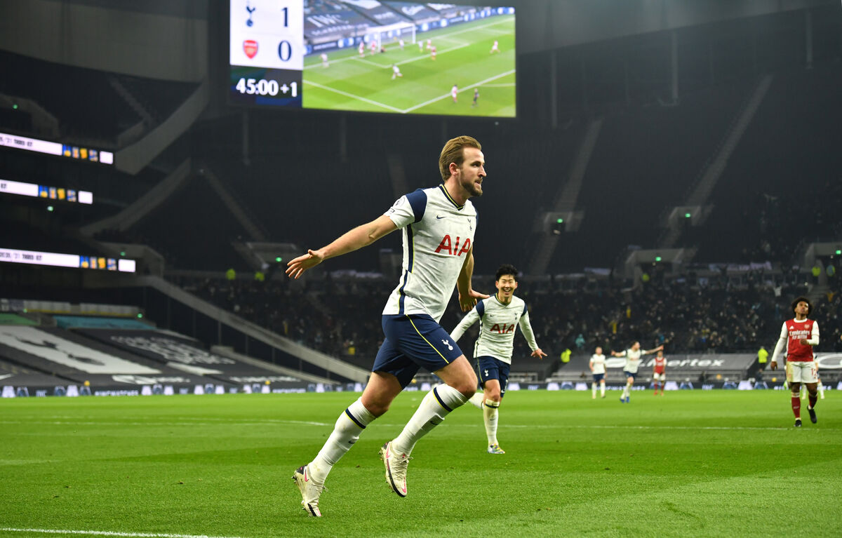 Tottenham Hotspur's Harry Kane celebrates scoring his side's second goal of the game during the Premier League match at Tottenham Hotspur Stadium, London.