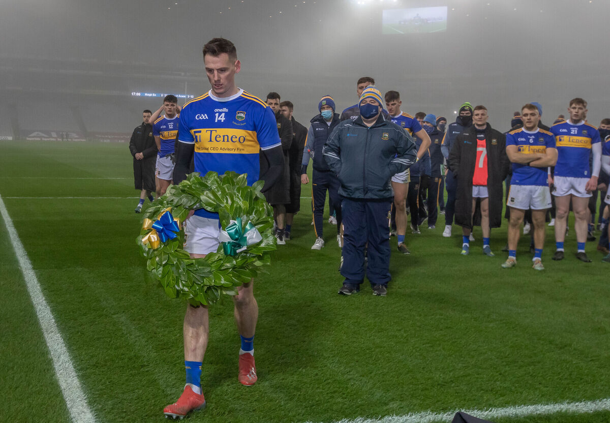 The poignancy of the Tipperary players laying a commemorative wreath on Hill 16 was the only saving grace of a chastening evening when they can only reflect they did not do themselves justice. Picture: Morgan Treacy/Inpho
