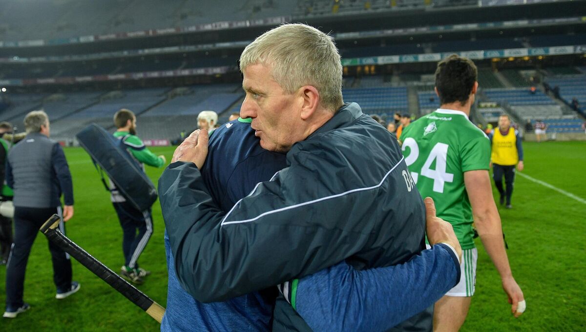 Limerick manager John Kiely with Nickie Quaid following their victory over Galway. Photo by Eóin Noonan/Sportsfile