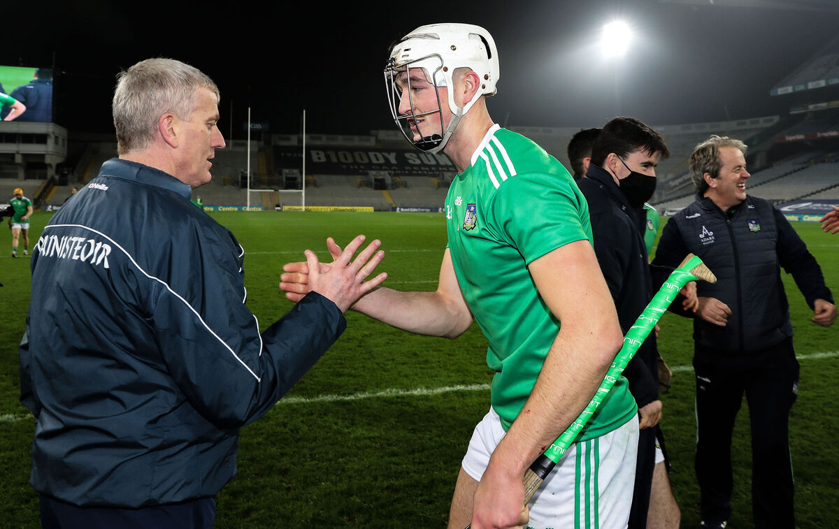 Limerick manager John Kiely celebrates after the semi-final win over Galway with Kyle Hayes. Picture: Tommy Dickson