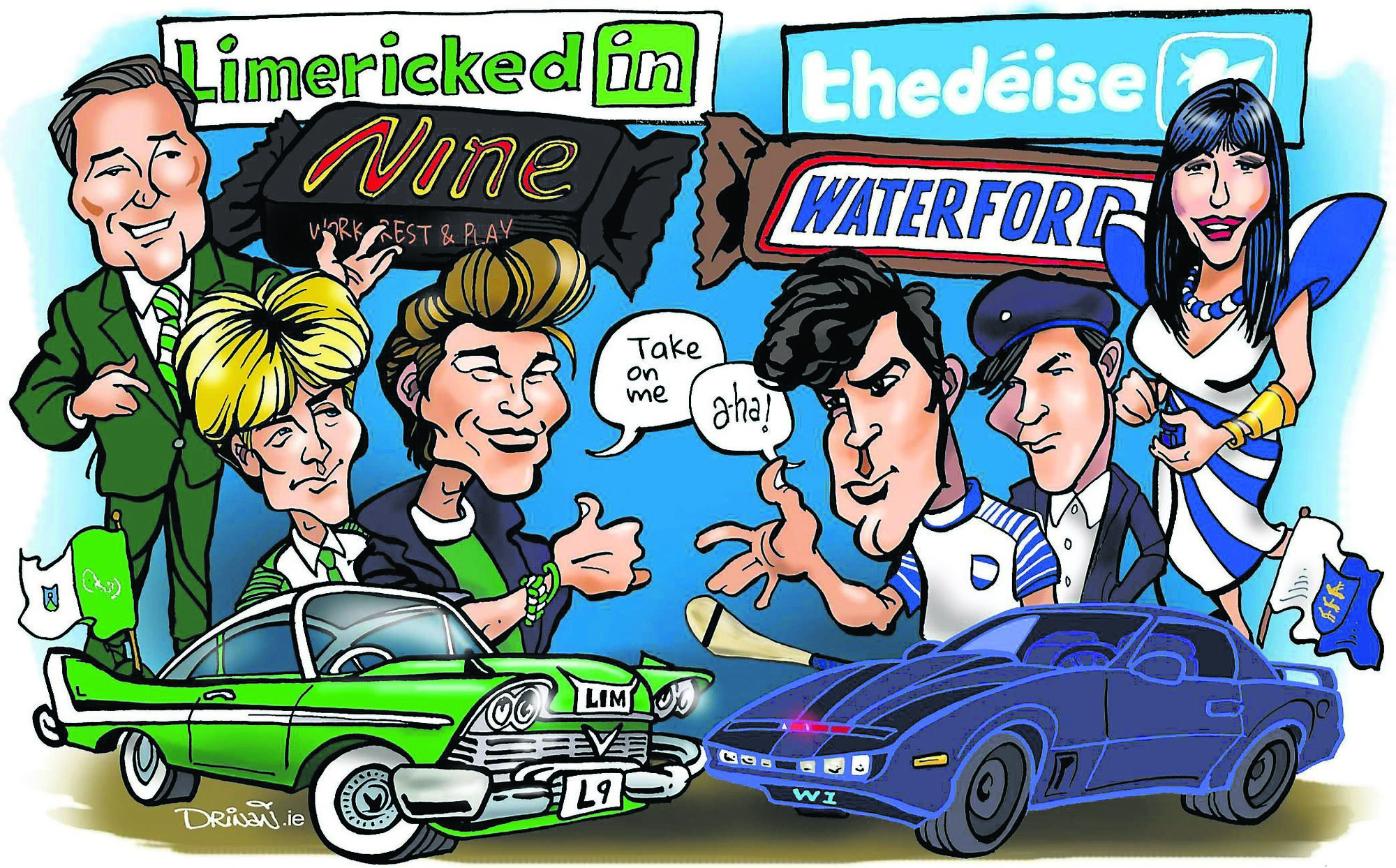 GREEN OR BLUE? In the green corner is Martin King, LinkedIn, Mars bar, A-ha, and Christine the car. In the blue corner is the Accessories, Jean Byrne, KITT, Twitter, and Snickers/Marathon. Illustration: Peadar Drinan