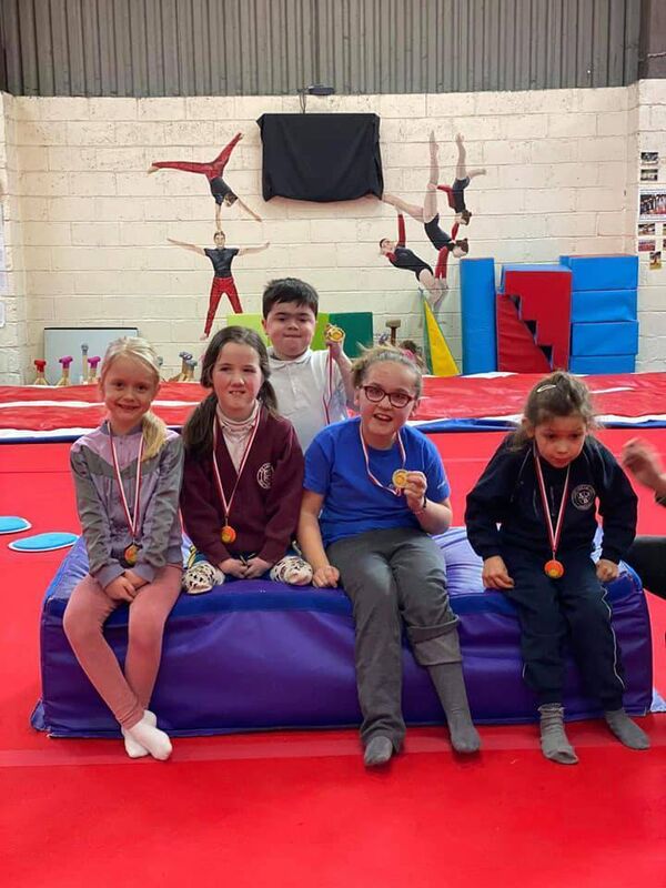 Emilia Kaupis, Shauna McNamara, Jerry Forrest, Scarlett Beecher and Tilara Costa at Cork Acro Gymnastics Club, which has international athletes to beginners, and is a flagship club for Gymnastics Ireland's inclusive GymAble programme.