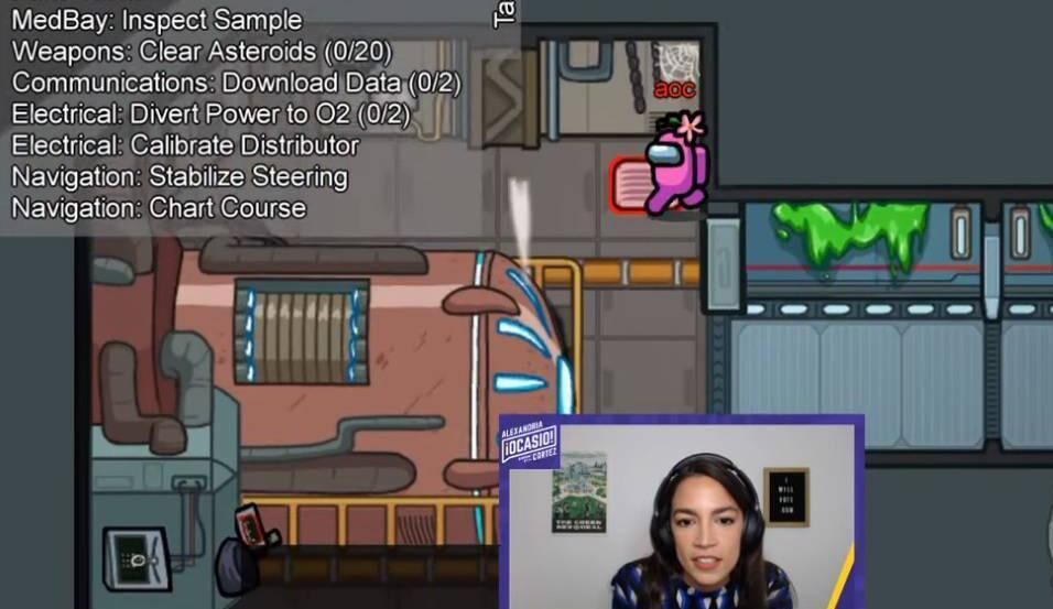 A screengrab of Alexandria Ocasio-Cortez playing the Among Us video game, live-streaming to followers on Twitch