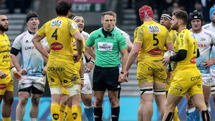 <p>Referee Andrew Brace during the 2019 Champions Cup clash between Sale Sharks vs La Rochelle. Picture: INPHO/Laszlo Geczo</p>