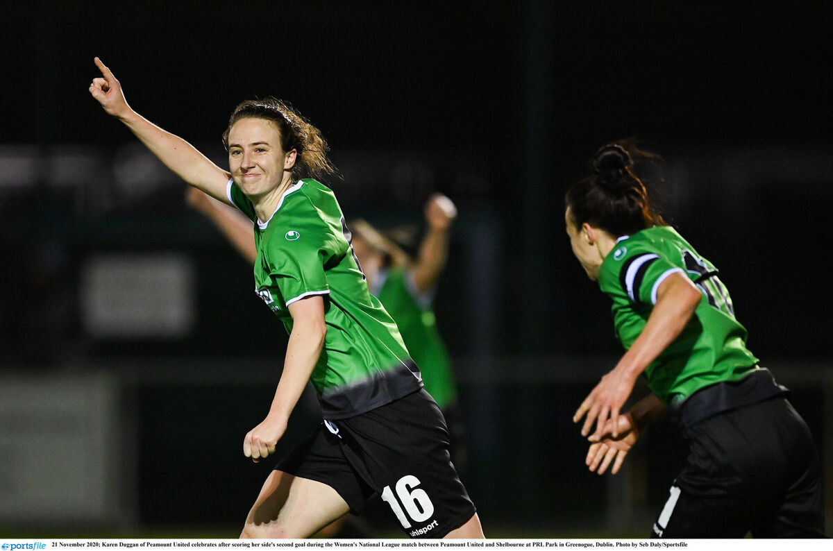 Karen Duggan of Peamount United celebrates after scoring her side's second goal during the Women's National League match against Shelbourne. Picture: Seb Daly/Sportsfile