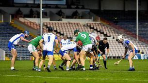 <p>Limerick and Waterford players contest a loose sliotar during the Munster final earlier this year. The sides face off again Sunday in the All-Ireland final. Picture: Brendan Moran/Sportsfile</p>