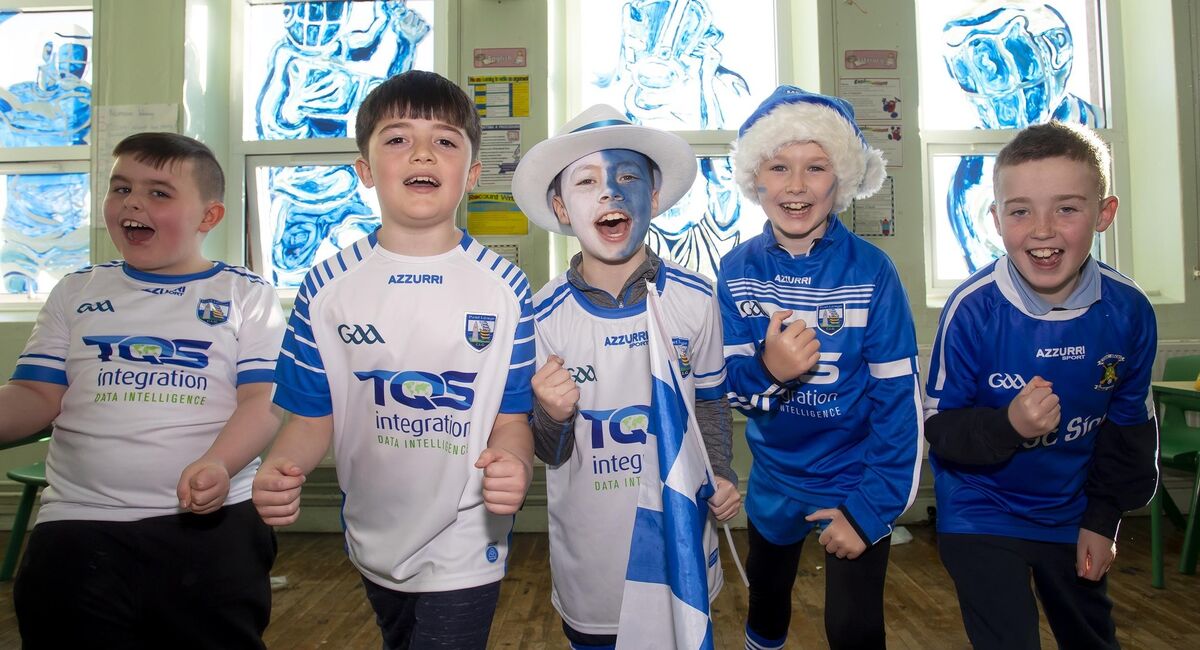 ‘Blue &amp; White’ day in Mount Sion primary school, Waterford, ahead of All-Ireland final. Pictured are Third Class pupils Josh Brodrick, JJ Brasil, Logan O’Leary, Kayden Penkert, Jason Brophy. Picture: Mary Browne