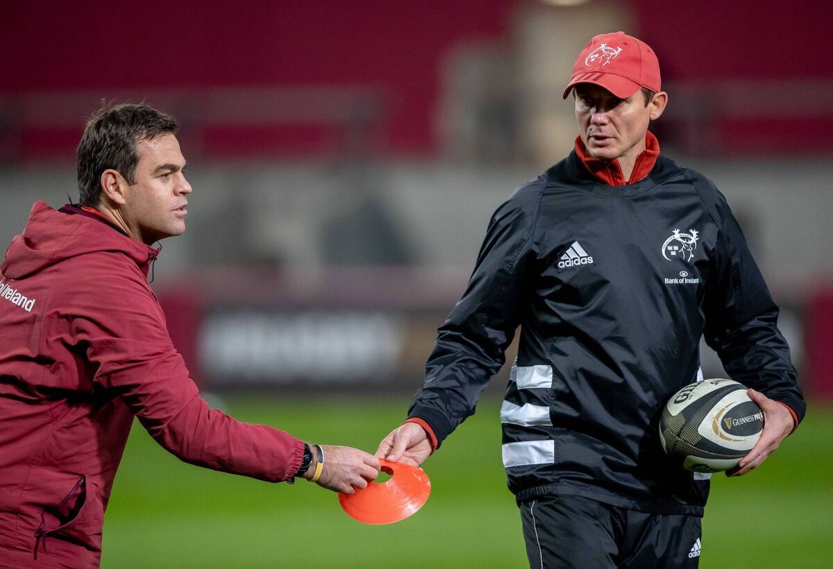 Head coach Johann van Graan with senior coach Stephen Larkham ahead a Munster's PRO14 clas earlier this season