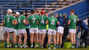 <p>The Limerick team during their water break during the Munster quarter-final win over Clare. The stop in play can break momentum but also gives managements a chance to readjust their tactics mid-game. Picture: Daire Brennan/Sportsfile</p>