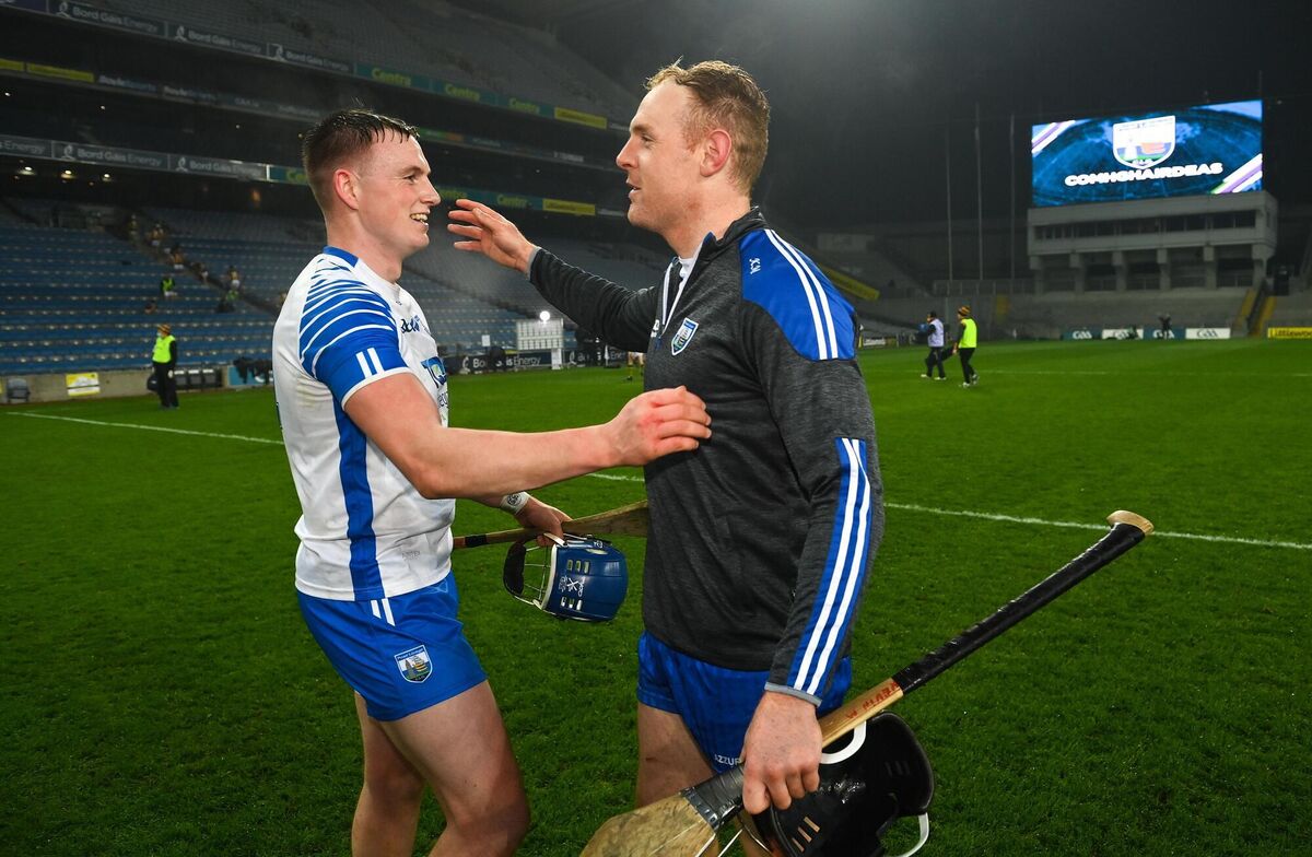 Austin Gleeson, left, and Kevin Moran of Waterford following the win over the Cats. Picture: Ramsey Cardy/Sportsfile