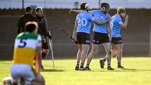 <p>Dublin players, from left, Pádhraic Linehan, Donal Leavy and Kevin Burke celebrate following their side's victory in the Bord Gais Energy Leinster Under 20 Hurling Championship Quarter-Final match between Offaly and Dublin at St Brendan's Park in Birr, Offaly. </p>