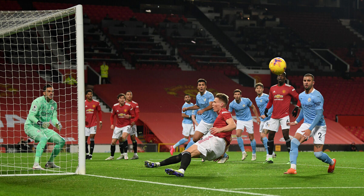 Manchester United's Scott McTominay misses with a chance on goal at the back post. Picture: Michael Regan