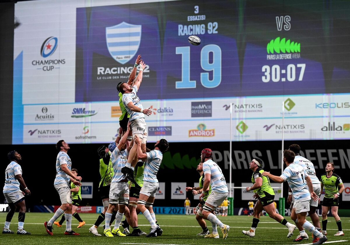 General view as Dominic Bird of Racing 92 and Ultan Dillane of Connacht battle for possession. Picture: Harry Murphy/Sportsfile