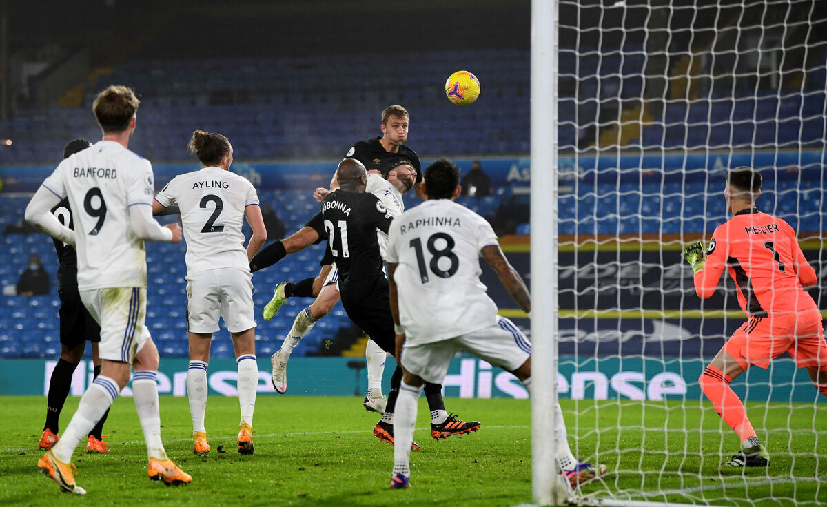 West Ham United's Tomas Soucek scores his side's first goal of the game in the 2-1 win over Leeds. Picture: Gareth Copley West Ham United's Tomas Soucek scores his side's first goal of the game in the 2-1 win over Leeds. Picture: Gareth Copley