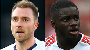 <p>Christian Eriksen and Dayot Upamecano (Nigel French/John Walton/PA)</p>