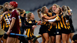 <p>Kilkenny players celebrate at the final whistle after winning the All-Ireland camogie title. Picture: INPHO/Ryan Byrne</p>