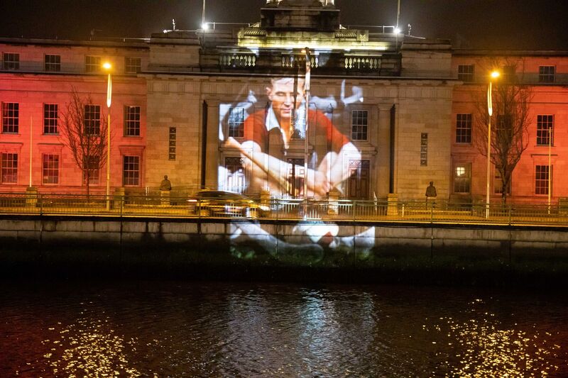 Projected images on Cork City Hall, at the Christy Ring commemoration event at Cork City Hall on Sunday night where images of the great hurler were displayed on the front of City Hall. The images will be showcased for a week, ahead of a landmark RTÉ documentary about Ring on December 17. Picture: Michael O'Sullivan /OSM PHOTO