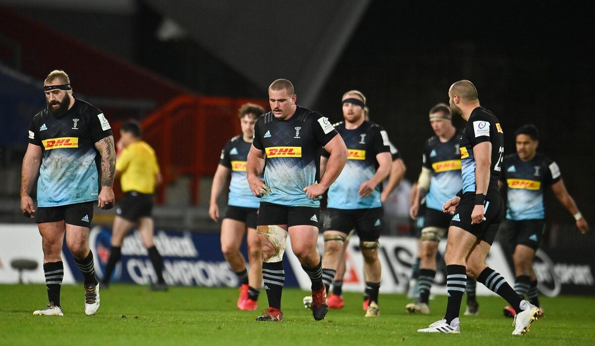 Harlequins players including Joe Marler, left, and Wilco Louw, centre, during the defeat in Limerick. Picture: Sam Barnes/Sportsfile Harlequins players including Joe Marler, left, and Wilco Louw, centre, during the defeat in Limerick. Picture: Sam Barnes/Sportsfile