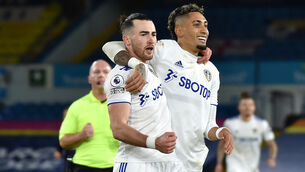 <p>Jack Harrison (left) celebrates scoring his side’s fifth goal. Picture: Rui Vieira/PA</p>