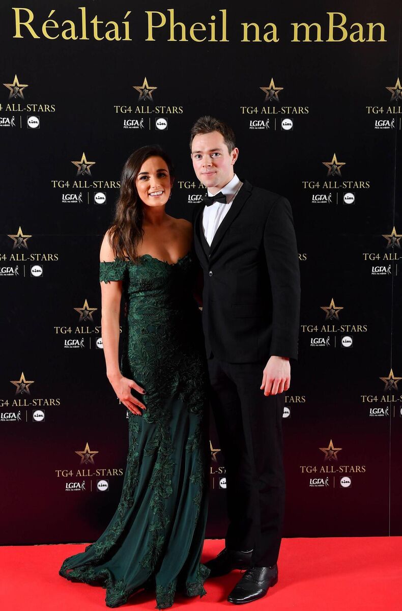 Niamh McEvoy of Dublin with Dublin senior footballer Dean Rock in attendance at the TG4 Ladies Football All-Stars Awards 2018, in association with Lidl, at the Citywest Hotel in Dublin. Picture: Brendan Moran/Sportsfile 
