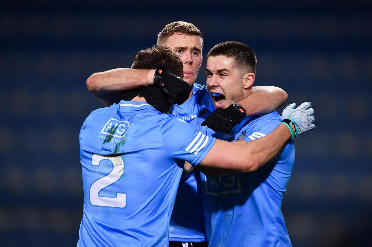 Dublin players Michael Fitzsimons, Paul Mannion, and David Byrne celebrate. Photo by Sam Barnes/Sportsfile