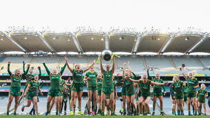 <p>The Meath team celebrate with the trophy. Picture: INPHO/Tommy Dickson</p>