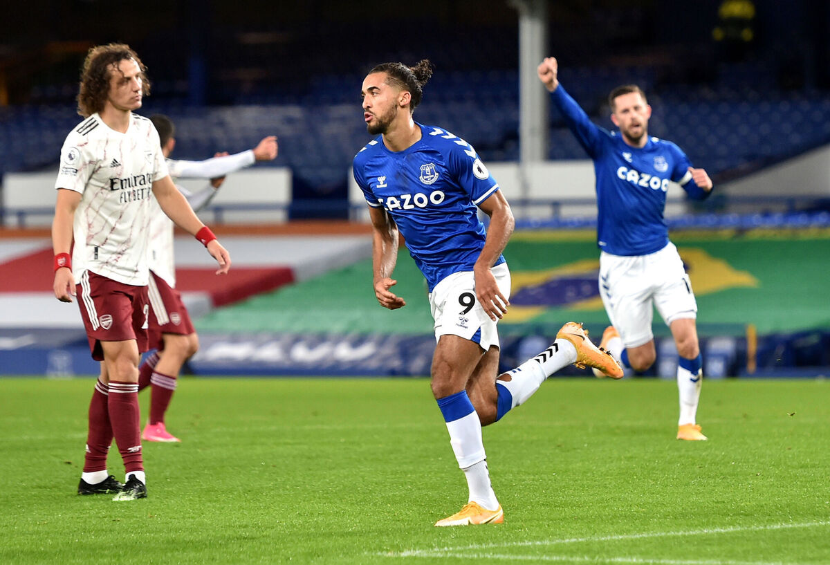 Everton's Dominic Calvert-Lewin (centre) celebrates after Arsenal's Rob Holding (not pictured) scores an own goal to put them 1-0 up. Picture: Peter Powell Everton's Dominic Calvert-Lewin (centre) celebrates after Arsenal's Rob Holding (not pictured) scores an own goal to put them 1-0 up. Picture: Peter Powell