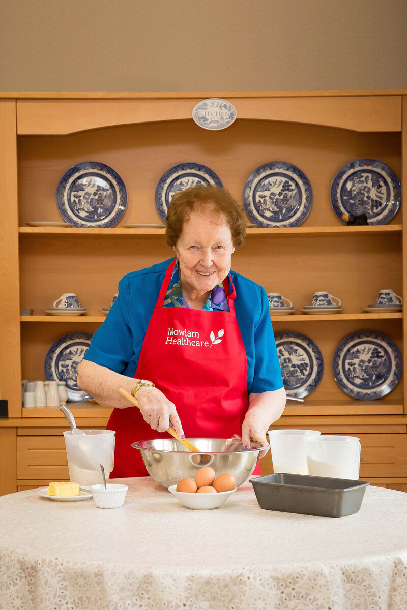 Cissie Collins, 91, the inspiration behind Mowlam Healthcare's 'Nursing Home Bake Off ' prepares one of her special dishes in the kitchen of Ennis Nursing Home, Co Clare. Picture: Mowlam Healthcare/Horsfall Photography/PA Wire