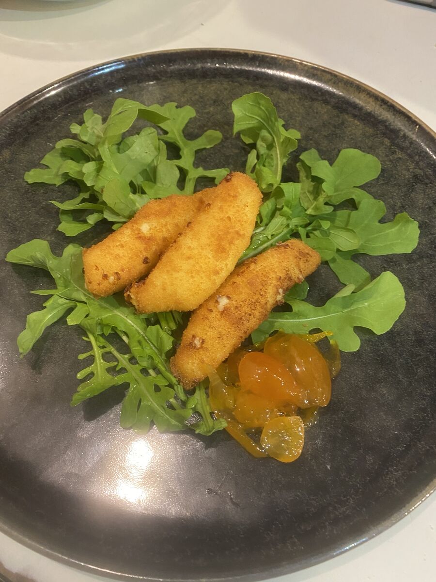Halloumi fritters with kumquat compote and rocket