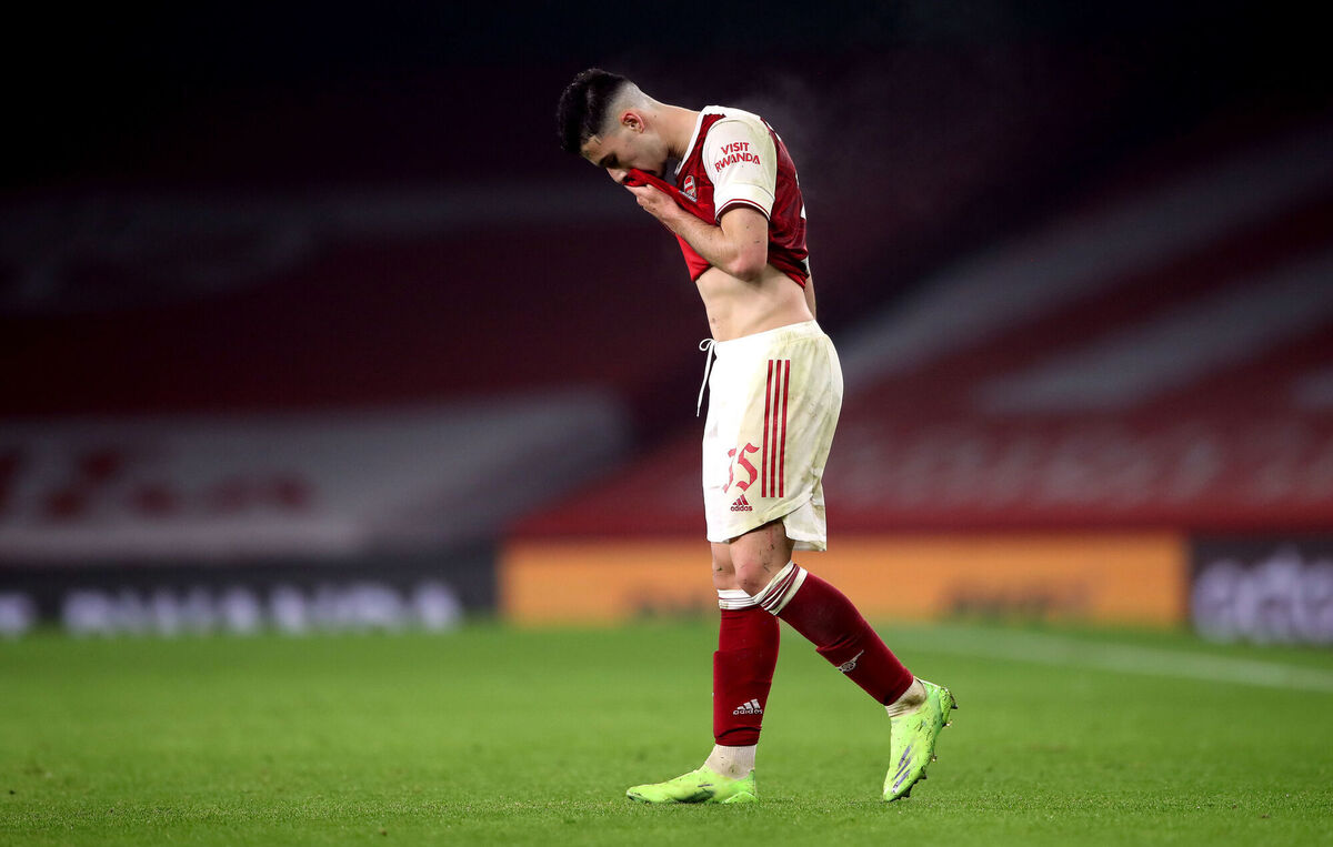 Arsenal’s Gabriel Martinelli struggling with an injury during the game. Picture: Nick Potts