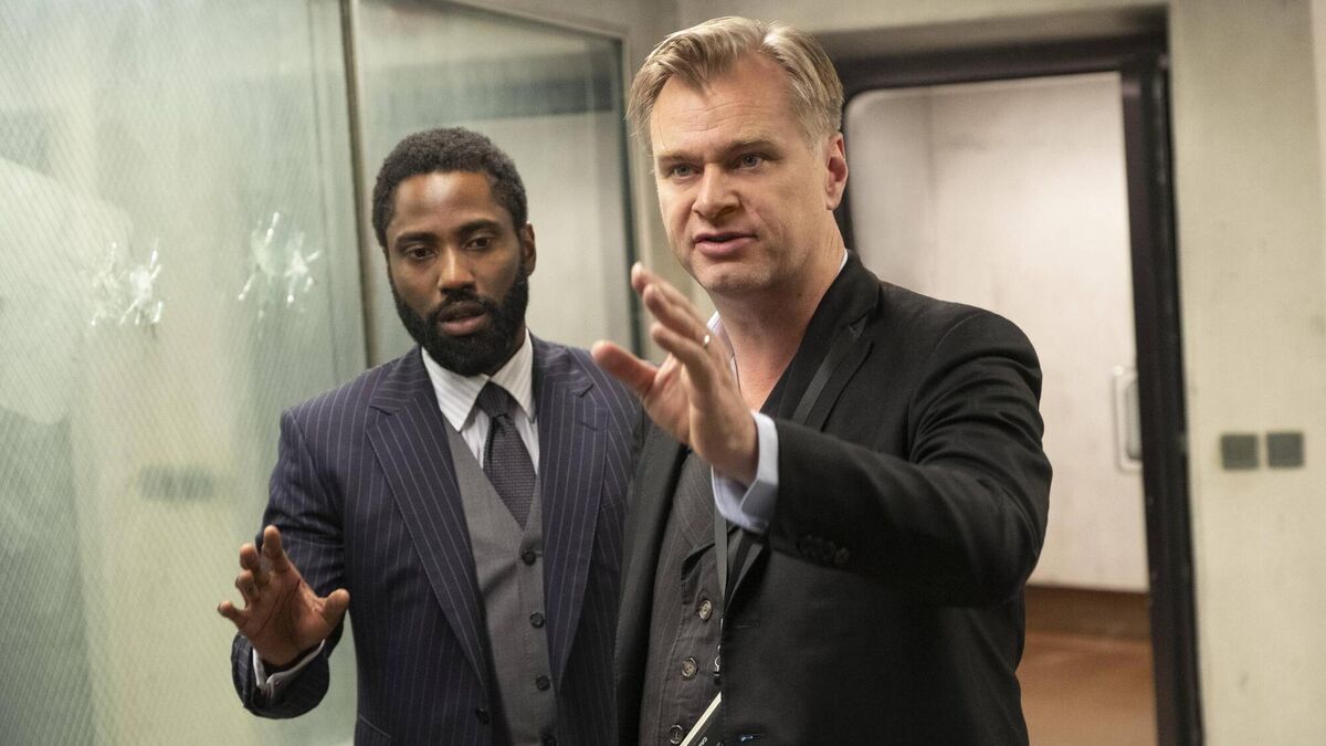  John David Washington and director Christopher Nolan on the set of Tenet.