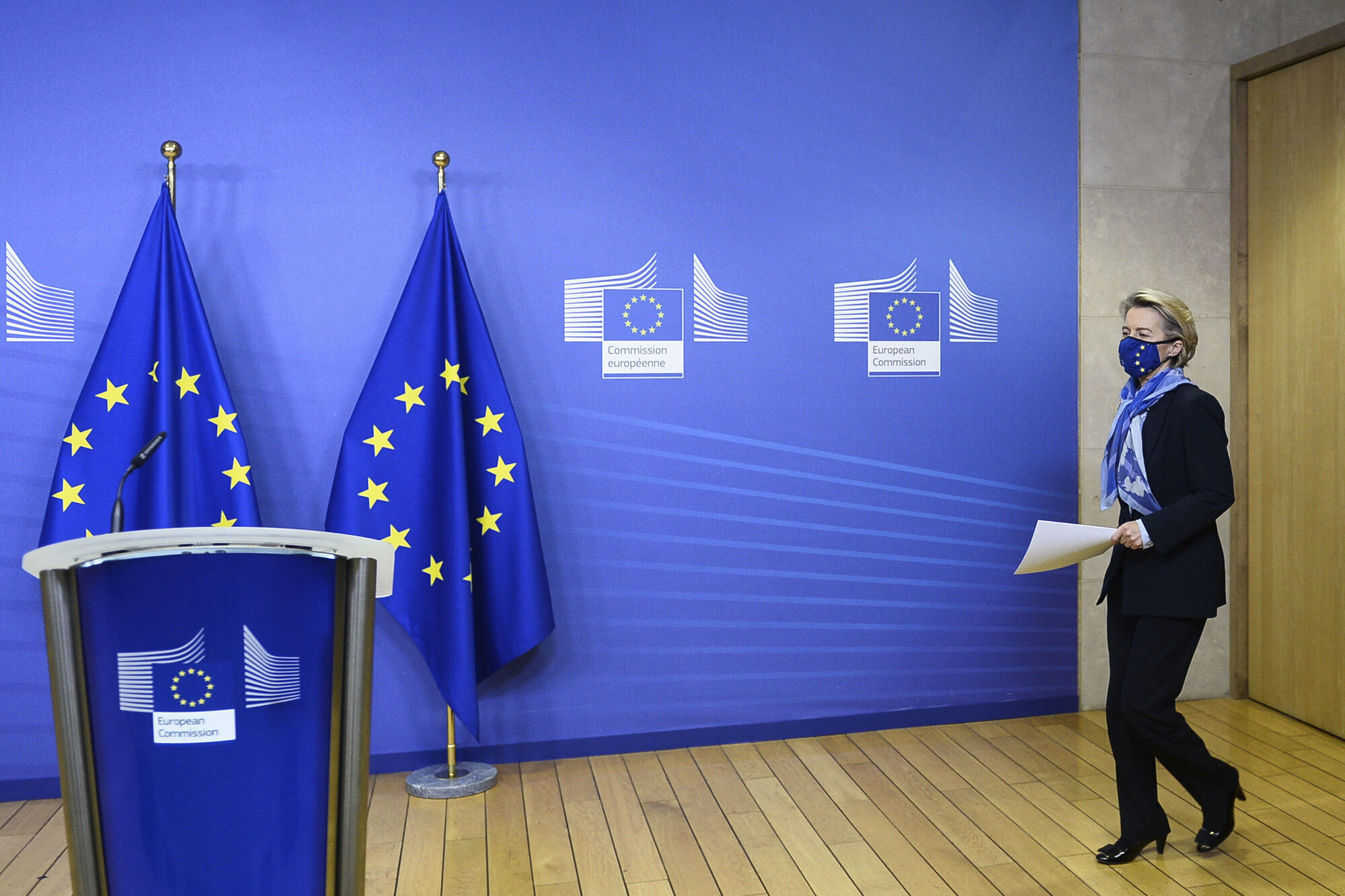 European Commission President Ursula von der Leyen prepares to deliver a statement on the marketing authorization of the Pfizer-BioNTech vaccine against Covid-19 on Monday. Coronavirus has compounded all the other longer-term challenges Europe faces. Photo: Johanna Geron