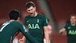 <p>Ben Davies celebrates scoring Tottenham’s second goal. Picture: Mike Egerton/PA</p>