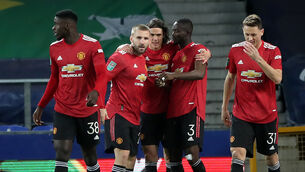 <p>Manchester United's Edinson Cavani (centre) celebrates with his team-mates after scoring his side's second goal of the game during the Carabao Cup, Quarter Final match at Goodison Park, Liverpool.</p>