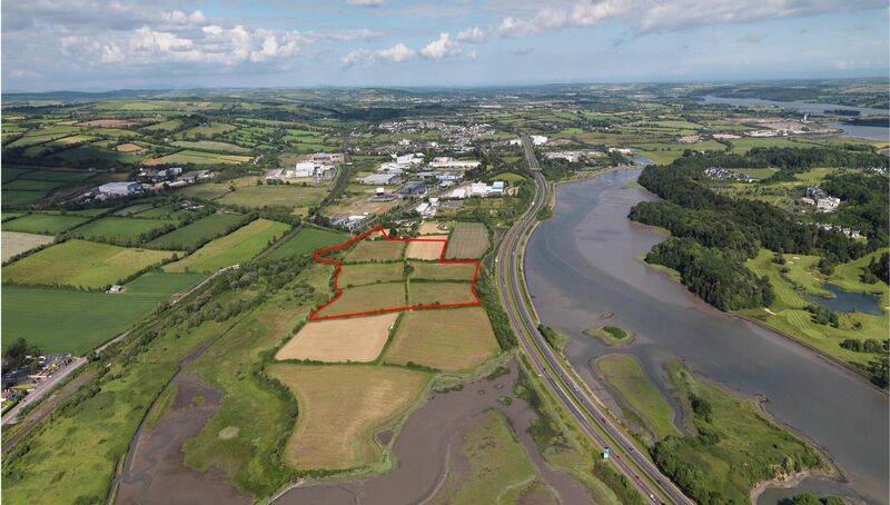 Aerial picture showing the Carrigtwohill area with the planned retail outlet village marked in red.
