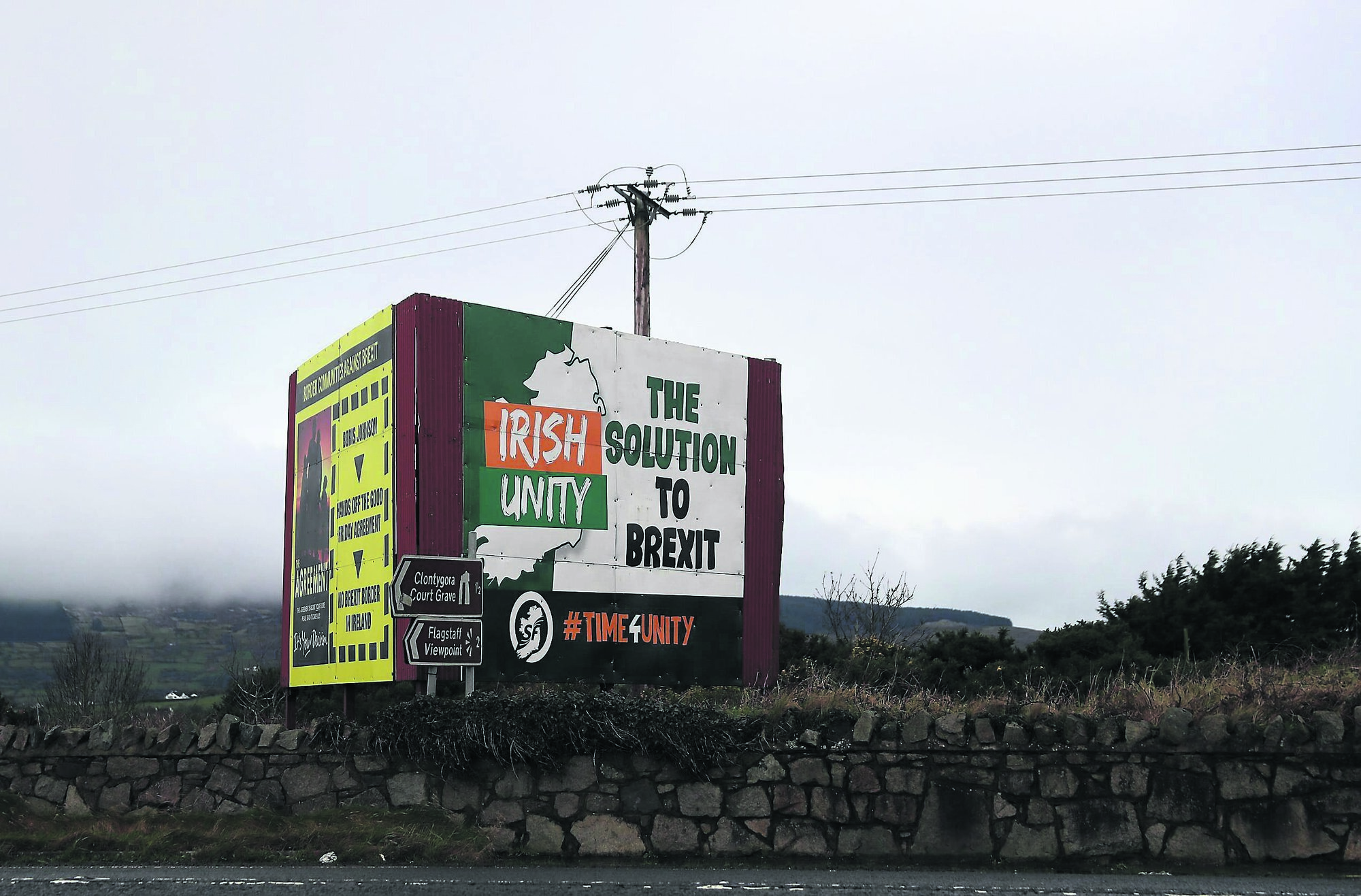 An anti-Brexit billboard proposing a united Ireland as a solution to Brexit at the border between the Republic of Ireland and Northern Ireland. Tanaiste Leo Varadkar has warned that if the UK fails to keep to EU standards, its access to the European market could be threatened. Pictute: Brian Lawless/PA Wire