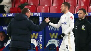 <p>Brendan Rodgers rested Leicester’s top goalscorer Jamie Vardy for the trip to Crystal Palace (Marc Atkins/PA)</p>