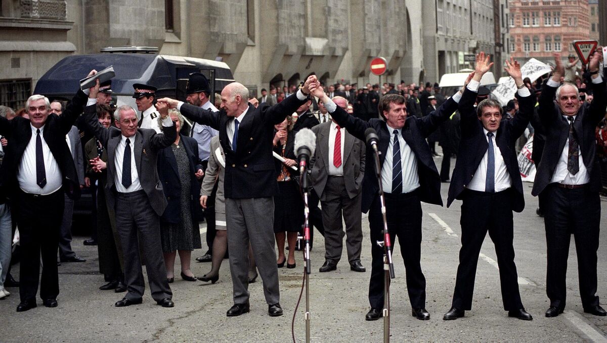 The Birmingham Six outside the Old Bailey in London after their convictions were quashed. Picture: Sean Dempsey/PA Wire