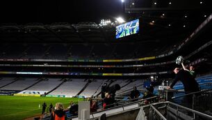 <p>Limerick captain Declan Hannon lifts the Liam MacCarthy Cup in an empty Croke Park. Photo by Brendan Moran/Sportsfile</p>