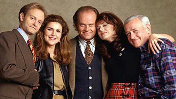 Cast of Frasier, from left: David Hyde Pierce, Peri Gilpin, Kelsey Grammer, Moose,  Jane Leeves and John Mahoney.