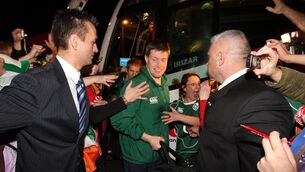 <p>Ronan O'Gara gets off the Ireland team bus during the 2009 Six Nations Picture: ©INPHO/Billy Stickland</p>