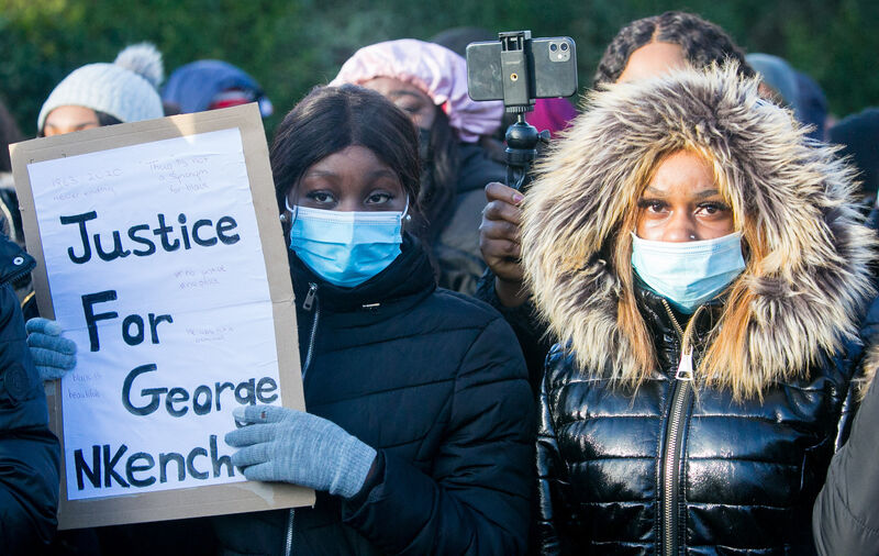 Molly Dumbu from Navan and Nereane Mbala from Blanchardstown at the protest for George Nkencho at Blanchardstown Garda Station, Dublin. Picture:Gareth Chaney/Collins Molly Dumbu from Navan and Nereane Mbala from Blanchardstown at the protest for George Nkencho at Blanchardstown Garda Station, Dublin. Picture:Gareth Chaney/Collins
