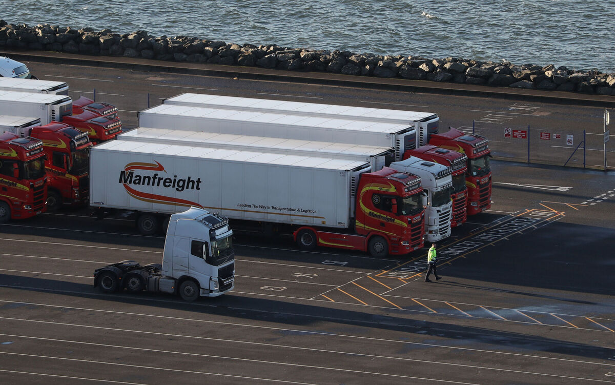 Heavy good vehicles wait to be loaded onto the Stena Superfast VIII at Loch Ryan Port ahead of its departure to Belfast as the UK leaves the single market and customs union and the Brexit transition period comes to an end. Picture: Andrew Milligan/PA Wire