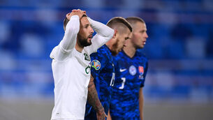 <p>SLIDING DOORS: Ireland’s Conor Hourihane reacts after his costly miss against Slovakia in the Euro 2020 qualifying play-off semi-final. <span class="contextmenu emphasis CaptionCredit">Picture: Stephen McCarthy/Sportsfile</span>
            </p>