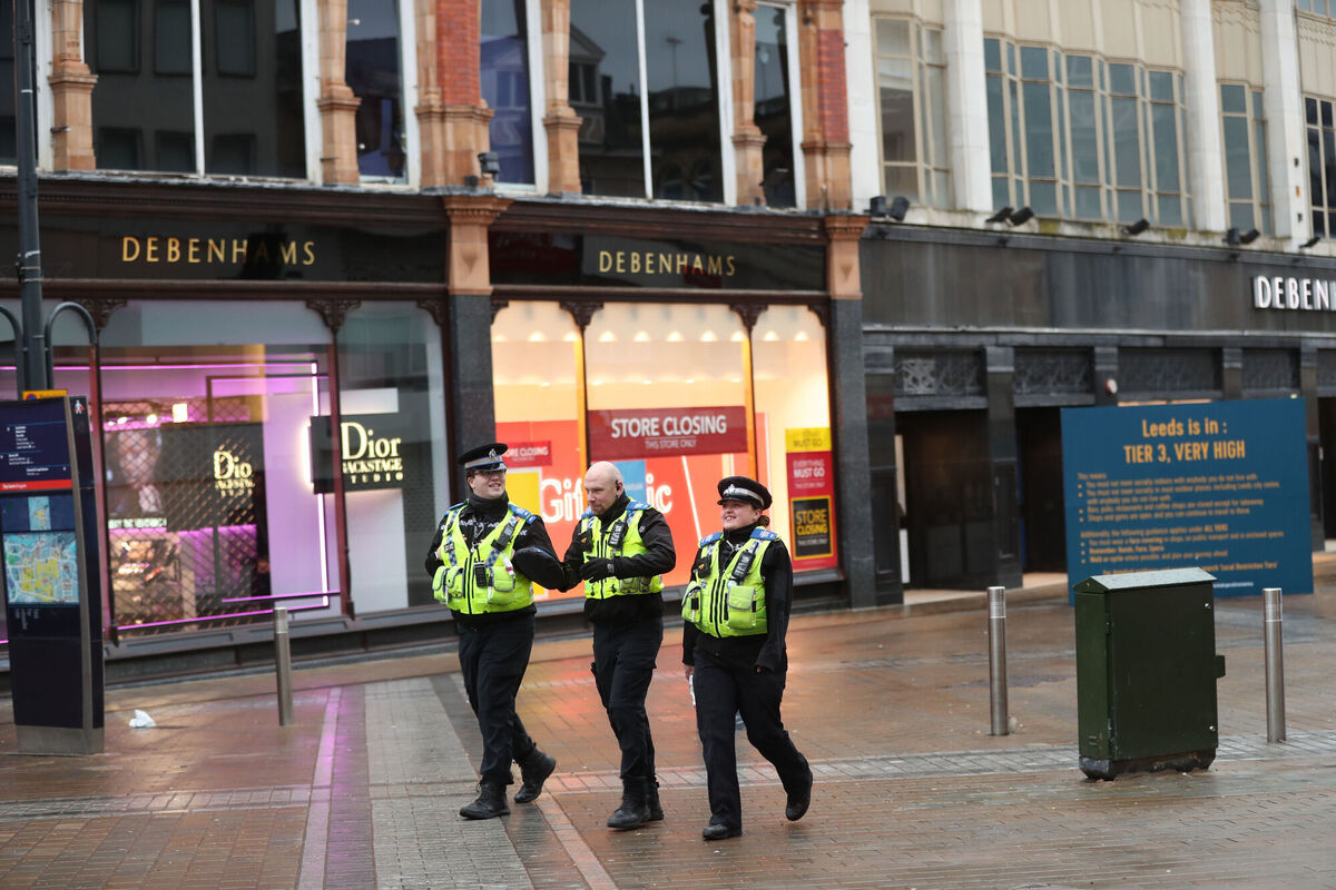Police Community Support Officers (PCSOs) patrol along Briggate in the city centre of Leeds, Yorkshire, the morning after Prime Minister Boris Johnson set out further measures as part of a lockdown in England in a bid to halt the spread of coronavirus. Picture: Danny Lawson/PA Wire